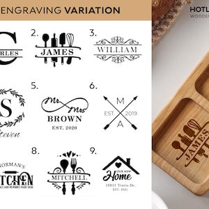 May include: Nine different engraving variations for wooden dishes. The designs include names, initials, dates, and kitchen-themed graphics. The designs are shown on a white background.