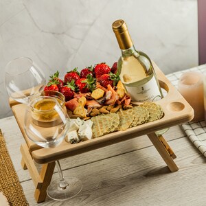 Wine and Cheese Portable Table, Wine Glass Holders Wood, Serving Picnic Table, Wine Gift, Personalized Gift, Wine Lover Gift