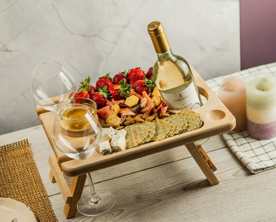 Wine and Cheese Portable Table, Wine Glass Holders Wood, Serving Picnic Table, Wine Gift, Personalized Gift, Wine Lover Gift