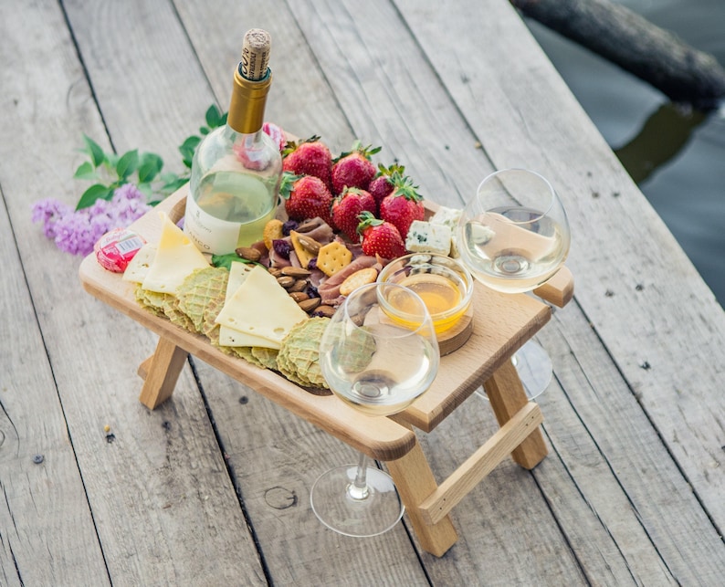 Wine and Cheese Portable Table, Wine Glass Holders Wood, Serving Picnic Table, Wine Gift, Personalized Gift, Wine Lover Gift image 8