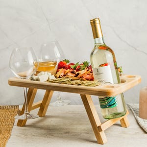 Wine and Cheese Portable Table, Wine Glass Holders Wood, Serving Picnic Table, Wine Gift, Personalized Gift, Wine Lover Gift image 2