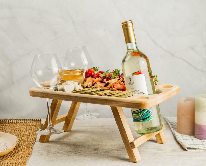 Wine and Cheese Portable Table, Wine Glass Holders Wood, Serving Picnic Table, Wine Gift, Personalized Gift, Wine Lover Gift image 2