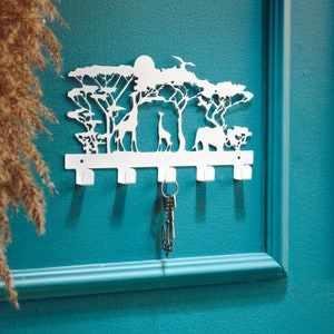 White Jungle Safari Africa Key Holder, Metal Wall Mount Organizer, Entryway Decor, Animal Lover Gift