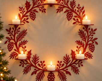 Metal Christmas Wreath with Candle Holders, Seasonal Wall Decoration, Festive Winter Decor for Home