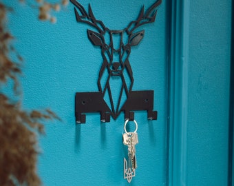 Black Deer Poly Art Key Organizer, Metal Geometric Holder, Wall Mounted Key Rack, Unique Key Storage