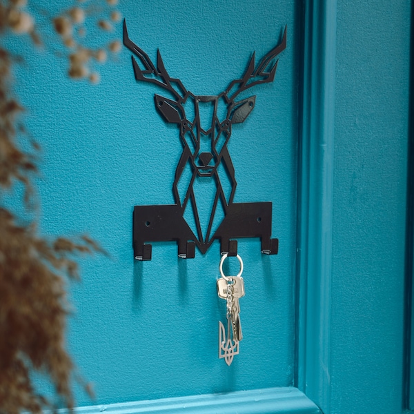 Black Deer Poly Art Key Organizer, Metal Geometric Holder, Wall Mounted Key Rack, Unique Key Storage