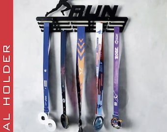 Wall Mounted Running Trophy Display Rack, Race Medal Organizer, Runner Ribbons Storage, Sports Gift for Him