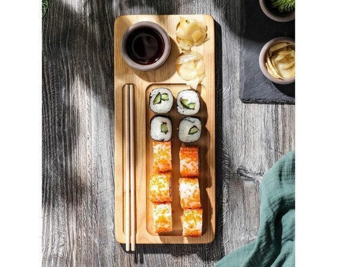 Wooden Sushi Serving Tray with Compartments, Personalized Japanese Plate, Christmas Gift for Sushi Lovers