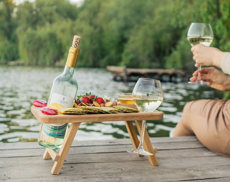 Wine and Cheese Portable Table, Wine Glass Holders Wood, Serving Picnic Table, Wine Gift, Personalized Gift, Wine Lover Gift image 4