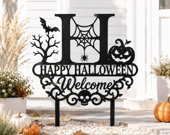 Halloween Welcome Yard Sign, Metal Garden Stake, Spooky Outdoor Decoration for Porch and Lawn