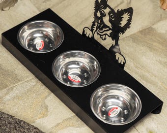Three Dog Bowl Standing Feeder, Personalized Feeding Station for Pets, Big Dog Raised Stand, Elevated Pet Bowls, Border Collie Parents Gift