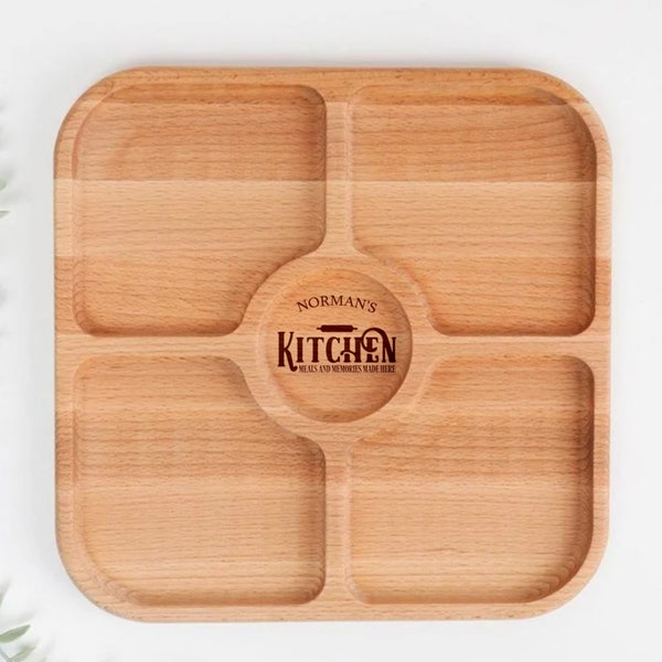 Custom square snack plate with personalization, Appetizer plates, Wood serving platter with engraving, Serving divided ttay, Wood dinnerware
