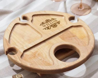 Wine Picnic Table Personalized, Portable Folding Tray, Oak Outdoor Serving Cheese board