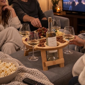 May include: A round wooden snack and wine table with folding legs, featuring a central bottle holder, three wine glass slots, and carved compartments filled with red grapes, almonds, and cheese cubes, holding a bottle of white wine.