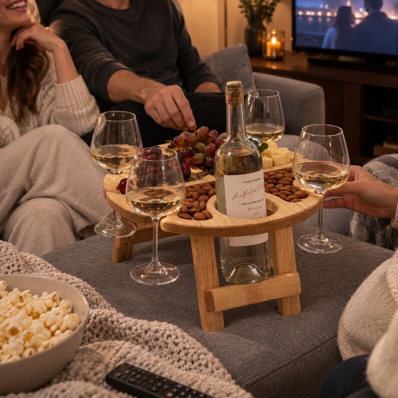 May include: A round wooden snack and wine table with folding legs, featuring a central bottle holder, three wine glass slots, and carved compartments filled with red grapes, almonds, and cheese cubes, holding a bottle of white wine.