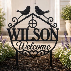Estaca de metal personalizada para jardim, placa de boas-vindas com nome da família, placa de boas-vindas para exterior, presente de boas-vindas