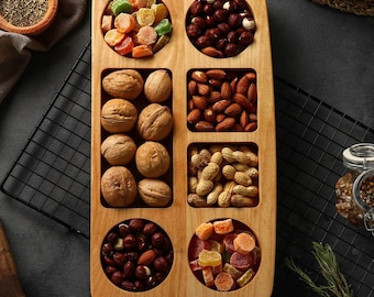 Plato seccional para refrigerios, plato dividido de madera, bandeja con compartimentos para servir, bandeja para aperitivos, tabla de charcutería, regalo de inauguración de la casa, amante de la cerveza