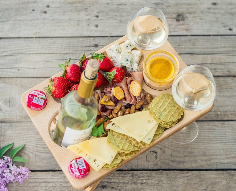 Wine and Cheese Portable Table, Wine Glass Holders Wood, Serving Picnic Table, Wine Gift, Personalized Gift, Wine Lover Gift image 7