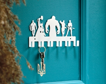 Superheldsleutelhouder, metalen sleutelhouder aan de muur met heldensilhouetten, modern decor sleutelorganizer in hal