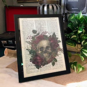 Floral Skull Vintage Dictionary Print | Wall Art | Recycled Vintage Book Page | Antique Gothic Décor | Home Décor | Book Page Art | Bloom