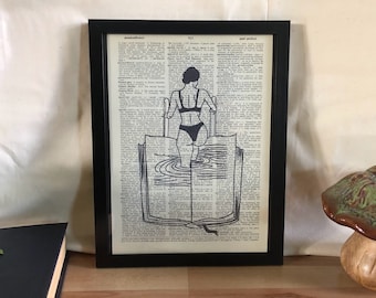 Woman Climbing Out Of Pool Book Library Art Vintage Dictionary Print | Book Lover | Wall Art | Recycled Book Page Art | Antique | Wall Art |