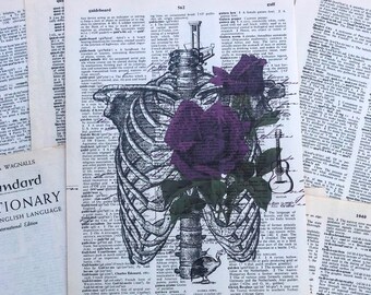 Purple Flower Chest Vintage Dictionary Print | Wall Art | Recycled Book Page | Antique Gothic Décor | Gothic Décor | Book Page Art