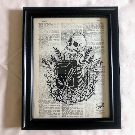 Flying love Key and Skull Wall Decor Printed on Antique Dictionary Book Page 