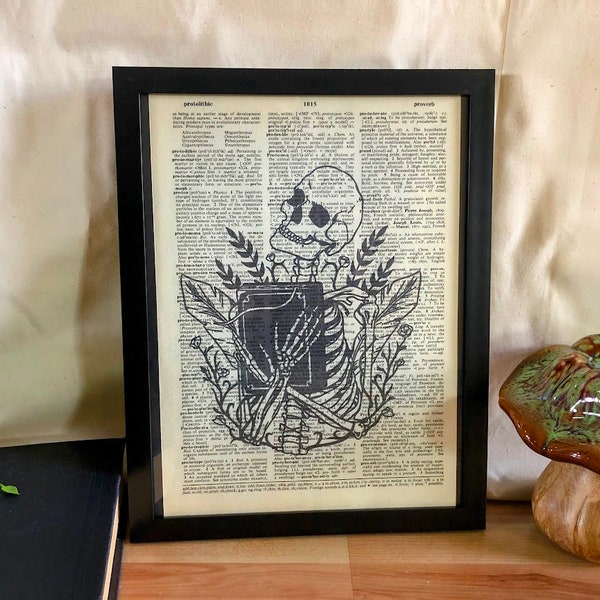 Reading Skeleton Vintage Dictionary Print | Wall Art | Upcycled Vintage Book Page | Antique Art | Library Art | Gothic Reader Print