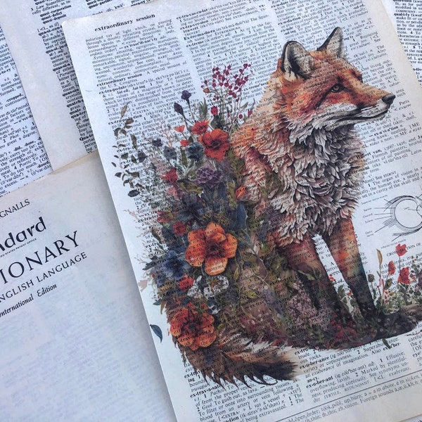 Watercolor Wildflower Fox Vintage Dictionary Print | AI Art | Wall Art | Recycled Vintage Book Page | Antique Décor | Boho | Book Page Art