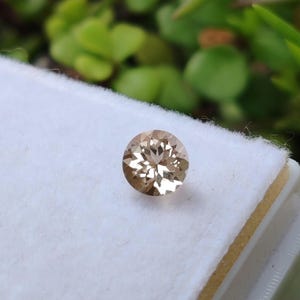 Op de afbeelding: Een ronde, gefacetteerde edelsteen met een lichtbruine tint. De edelsteen ligt op een wit oppervlak, met groene bladeren op de achtergrond. De slijping van de steen creëert een sterpatroon.