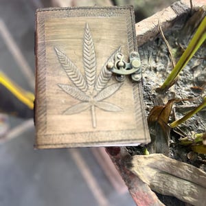 May include: A brown leather journal with a cannabis leaf design embossed on the front cover. The journal has a brass clasp closure.