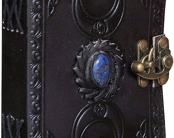 Celtic leather grimoire journal with stone black handmade triple moon blank spell witch leather book of shadows journal daily clasp lock