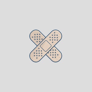 May include: Two beige adhesive bandages with blue outlines are crossed over each other. The bandages have a textured surface and a small rectangular adhesive pad in the center.
