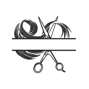 Puede incluir: Ilustración en blanco y negro de un par de tijeras y un mechón de pelo, dividido en dos por una pancarta en blanco. Las tijeras están abiertas y el pelo está enroscado alrededor de ellas.