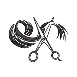 Puede incluir: Ilustración en blanco y negro de un par de tijeras y un mechón de cabello. Las tijeras están abiertas y el cabello está enroscado alrededor de ellas.