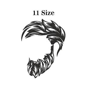 Puede incluir: Ilustración en blanco y negro de línea de arte de un peinado y barba de hombre. El texto "11 Size" está por encima de la ilustración.