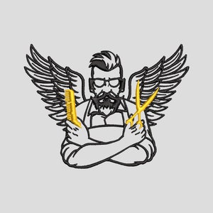 May include: Black and white illustration of a bearded man with wings, holding a pair of scissors and a comb. The man is wearing glasses and a vest. The scissors and comb are gold.