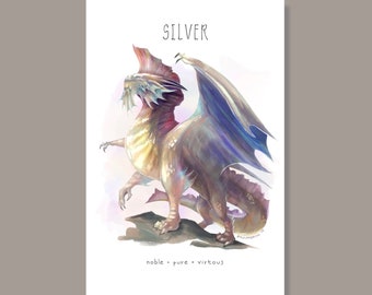 Silver Dragon Art Print | Poster | DnD | D&D | Dungeons and Dragons | Metallic Dragon | Bahamut | Monster Manual | Good | Adventure