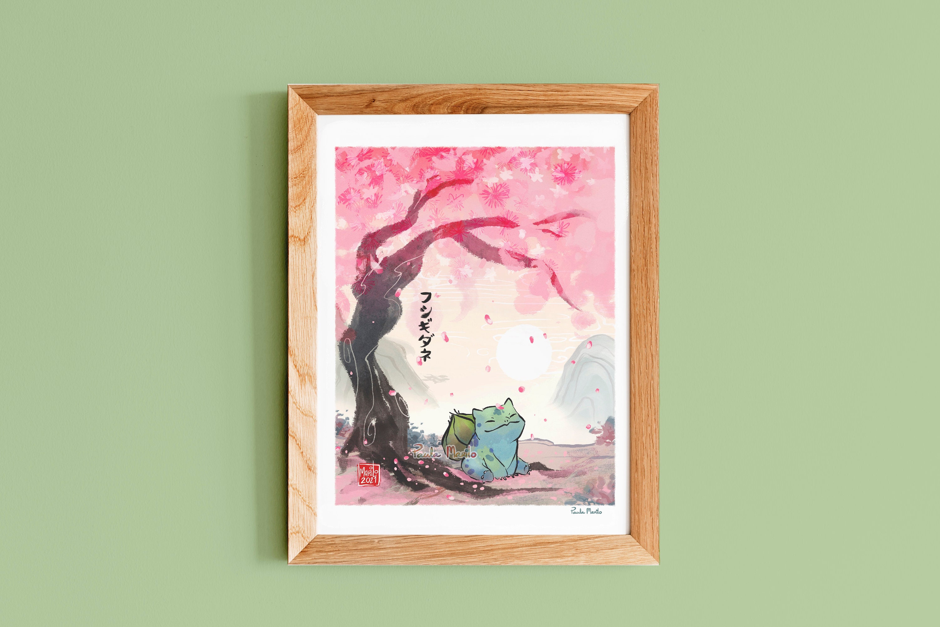 Sakura Shower Bulbasaur Pokemon Print | Poster | Pokemon | Decor | Ukiyoe | Wall Art | Cherry Blossom | Anime | pkm | *FREE US SHIPPING*
