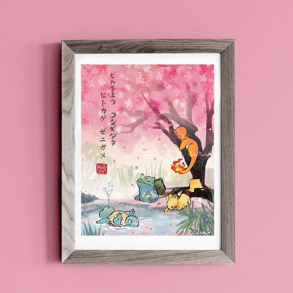 Sakura Party  Starters Pokemon Print | Poster | Charmander | Bulbasaur | Squirtle | Pikachu | Cherry Blossom | Anime | *FREE US SHIPPING*