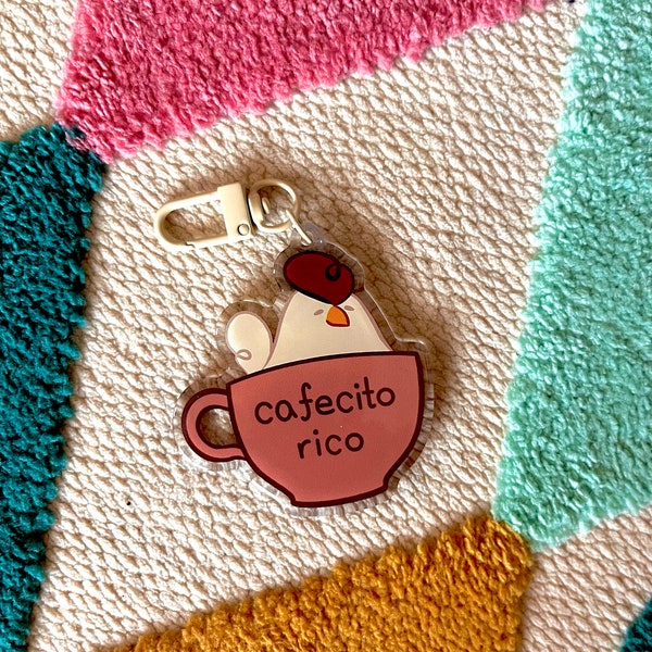 Coffee Chicken Keychain | Cafecito Rico | Farmcore | Phone Charm | Cute | Rainbow Acrylic | Hen | Rooster | Chook | Borb | Birb