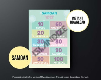 Printable Samoan Numbers 10-100 Chart, Instant Download, Educational Poster, Samoan Language Poster, Digital Download