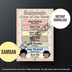 Printable Samoan Days of the Week Chart, Instant Digital Download, Samoan Language Educational Poster, Learning Chart