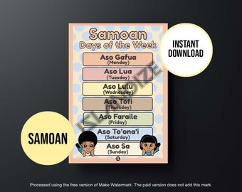 Printable Samoan Days of the Week Chart, Instant Digital Download, Samoan Language Educational Poster, Learning Chart