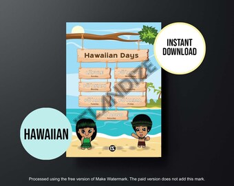 Printable Hawaiian Days of the Week Poster, Hawaii Tropical Aloha Beach Theme Educational Chart, Instant Digital Download