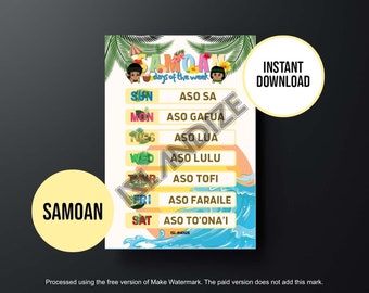 Printable Samoan Days of the Week Poster, Samoan Tropical Beach Theme Educational Chart, Instant Digital Download