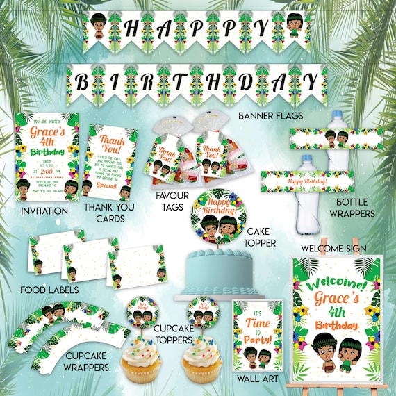 Tropical Theme Birthday Party Package, Tropical Island Party Package Set  Party Printable, Personalised Invite DIGITAL FILES ONLY