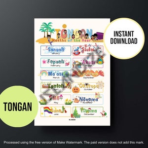 Printable Tongan Months Poster, Tongan Tropical Beach Theme Educational Chart, Instant Digital Download