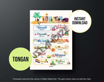 Printable Tongan Months Poster, Tongan Tropical Beach Theme Educational Chart, Instant Digital Download