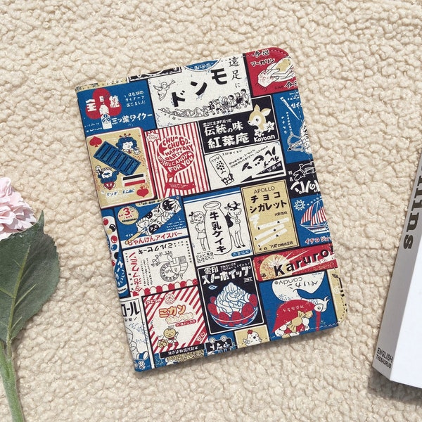 Retro Japanese draw newspaper fabric iPad case with pen slot,iPad Air 5 2022 iPad Pro 11" 12.9'' 2022 iPad 10 10.9" mini 6 case,iPad cover